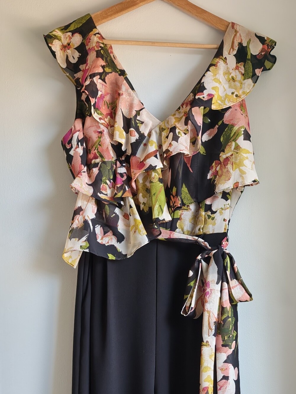 Alex Marie Floral Ruffle Black Jumpsuit with Tie Waist Size 14